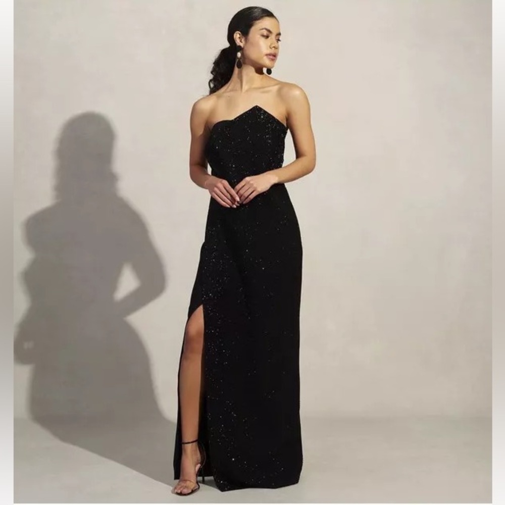 Sachin & Babi Strapless Black Sequin Gown Slit Column Formal Dress 2